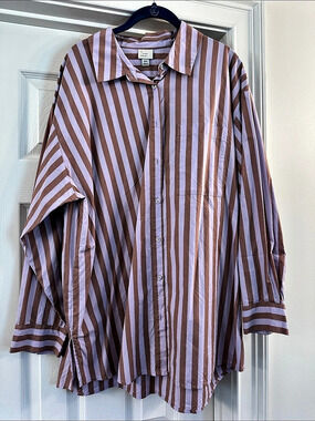 A New Day Striped Button Down in Lavender & Tan